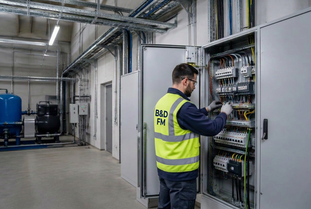 Three-phase board work in a commercial plant room