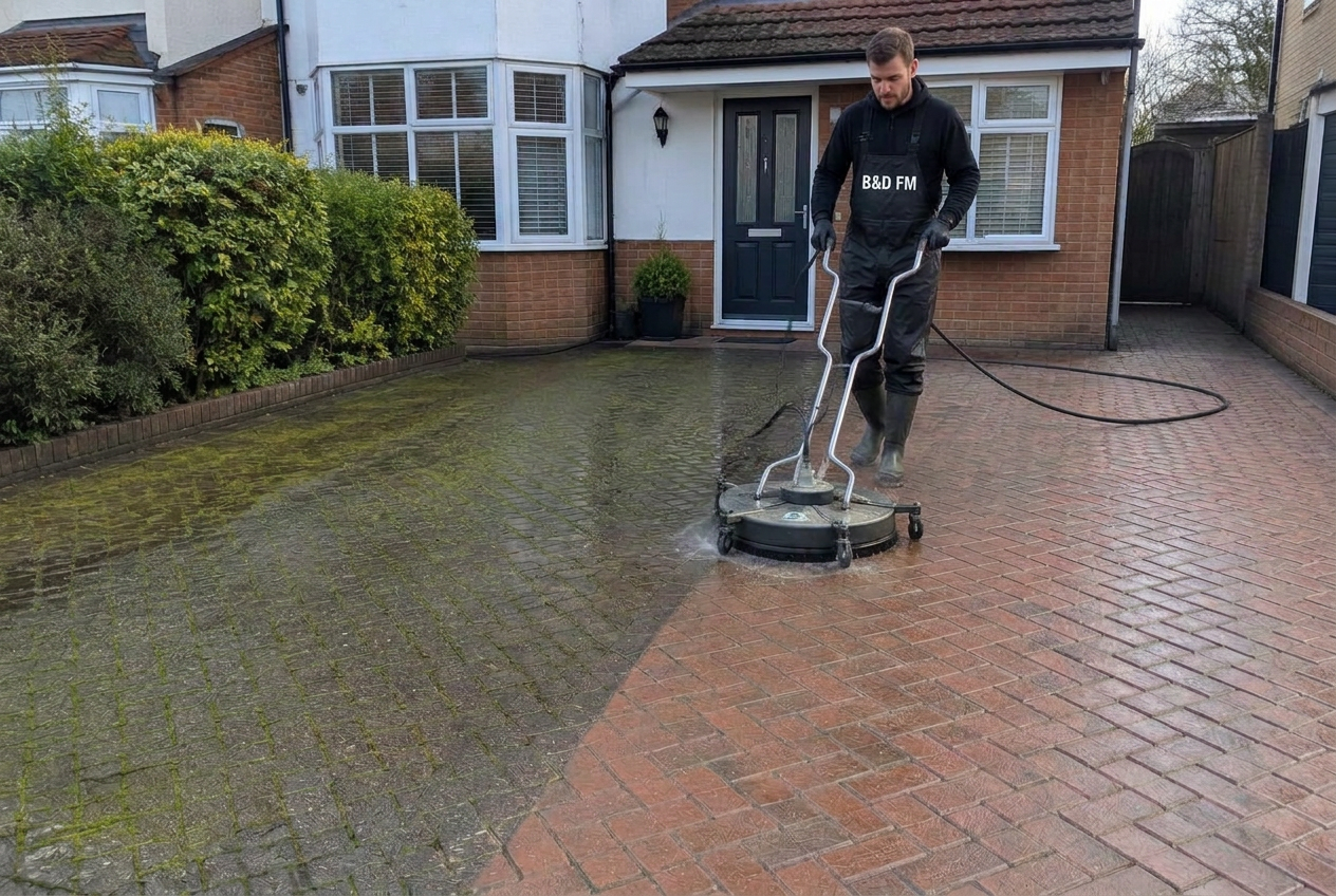 Rotary cleaning a block paved driveway